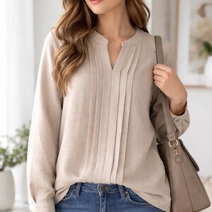 B Collection Beige Pleated Blouse XL | Neutral Workwear Long Sleeve Top